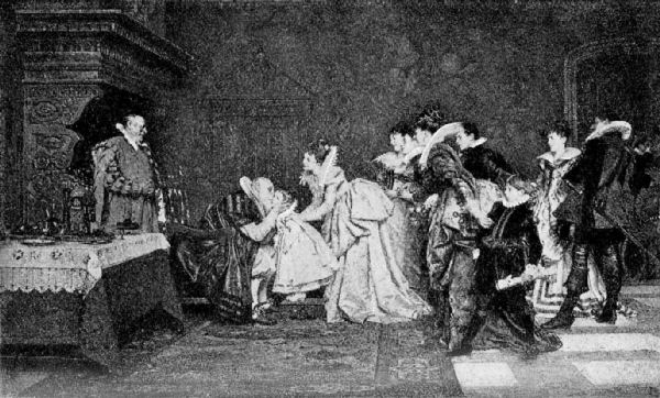 A group of men and women, all wearing sumptuous Elizabethan clothing
are gathered together in a room. Carved wooden furniture and doors are visible
around the edges of the painting. They look on, smiling, as an elderly man
seated in a carved chair kisses the cheek of a little girl, who is standing
on a footstool in front of him. One woman holds the arm of a boy, who seems
to be trying to pull away from her.