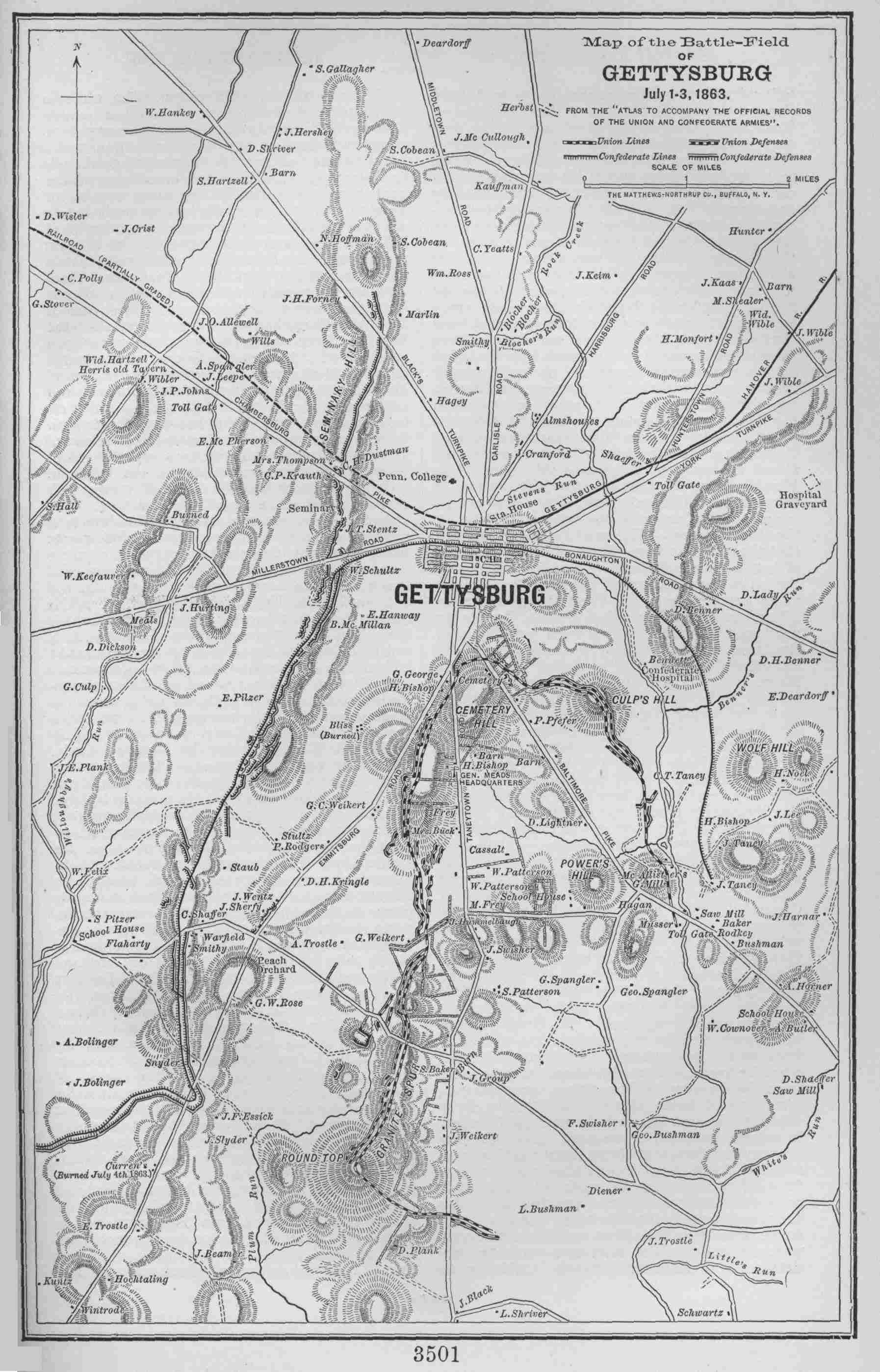 Map of the Battlefield of Gettysburg. July 1-3, 1863.