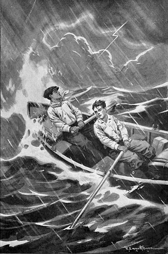 Two boys in a boat in a storm.