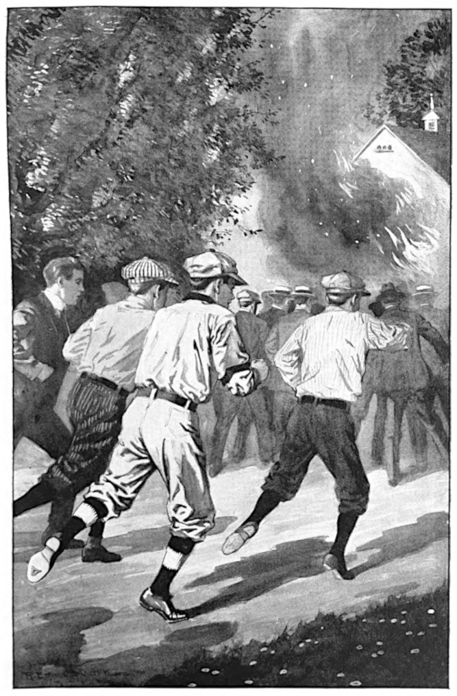 Boys running toward a house on fire.