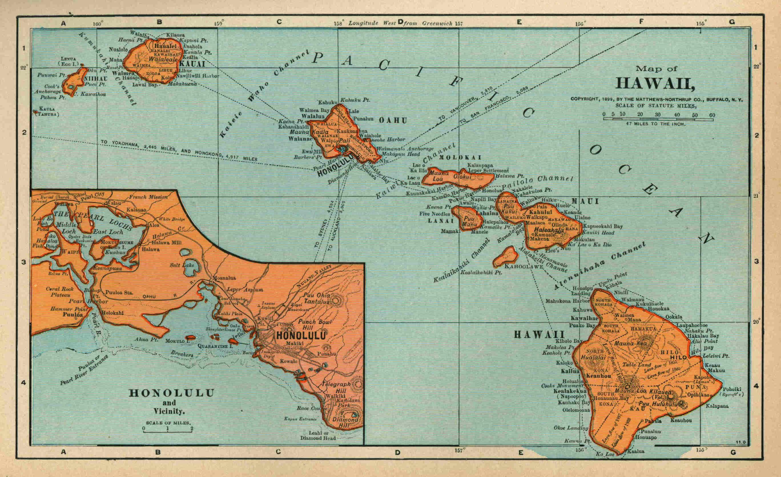 Map of Hawaii and Honolulu.